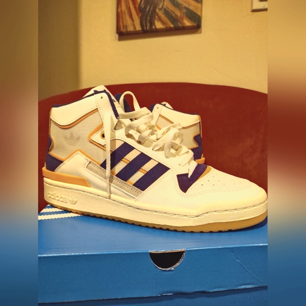 Adidas Forum Exhibit Mid Shoes Mens Sz 11 Off White/Purple/Gold Sneakers Casual